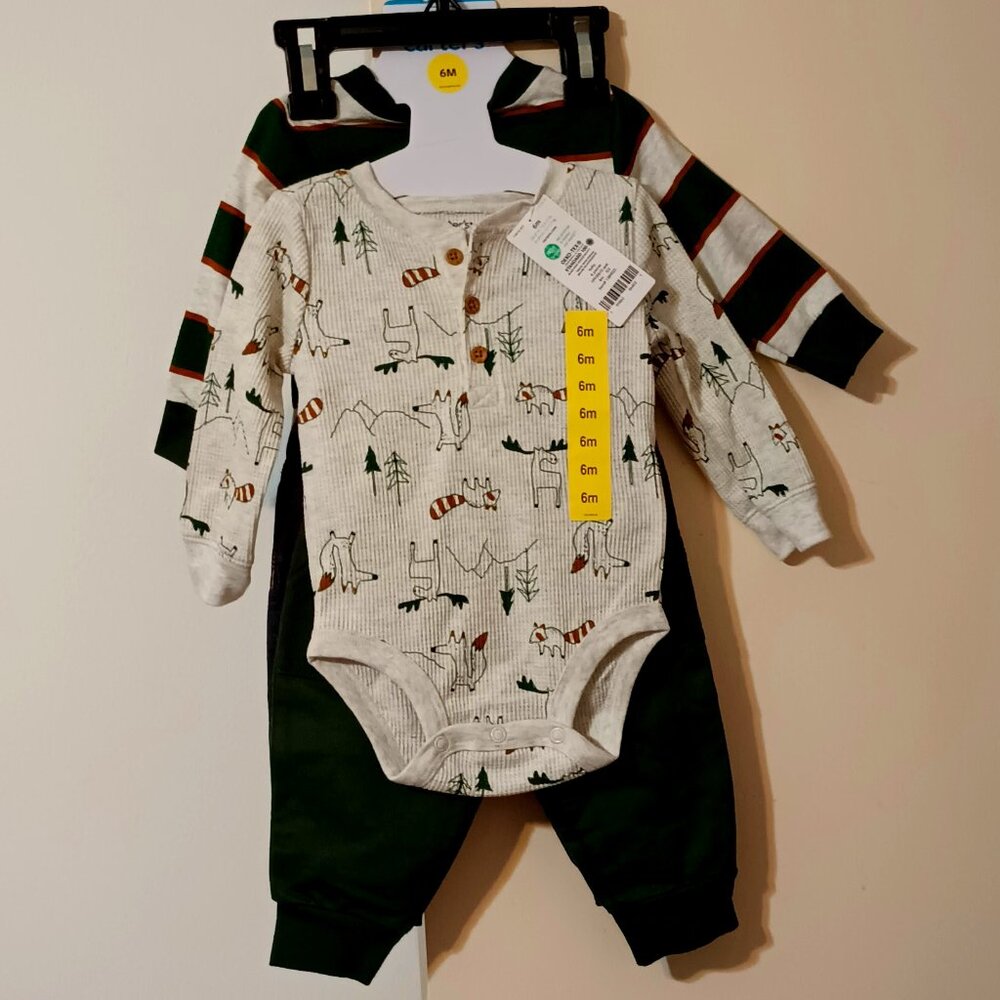 NWT~Carters' Baby Boys 4 Piece Set: 2 Long Sleeve Bodysuits + 2 Pants (Size: 6M)